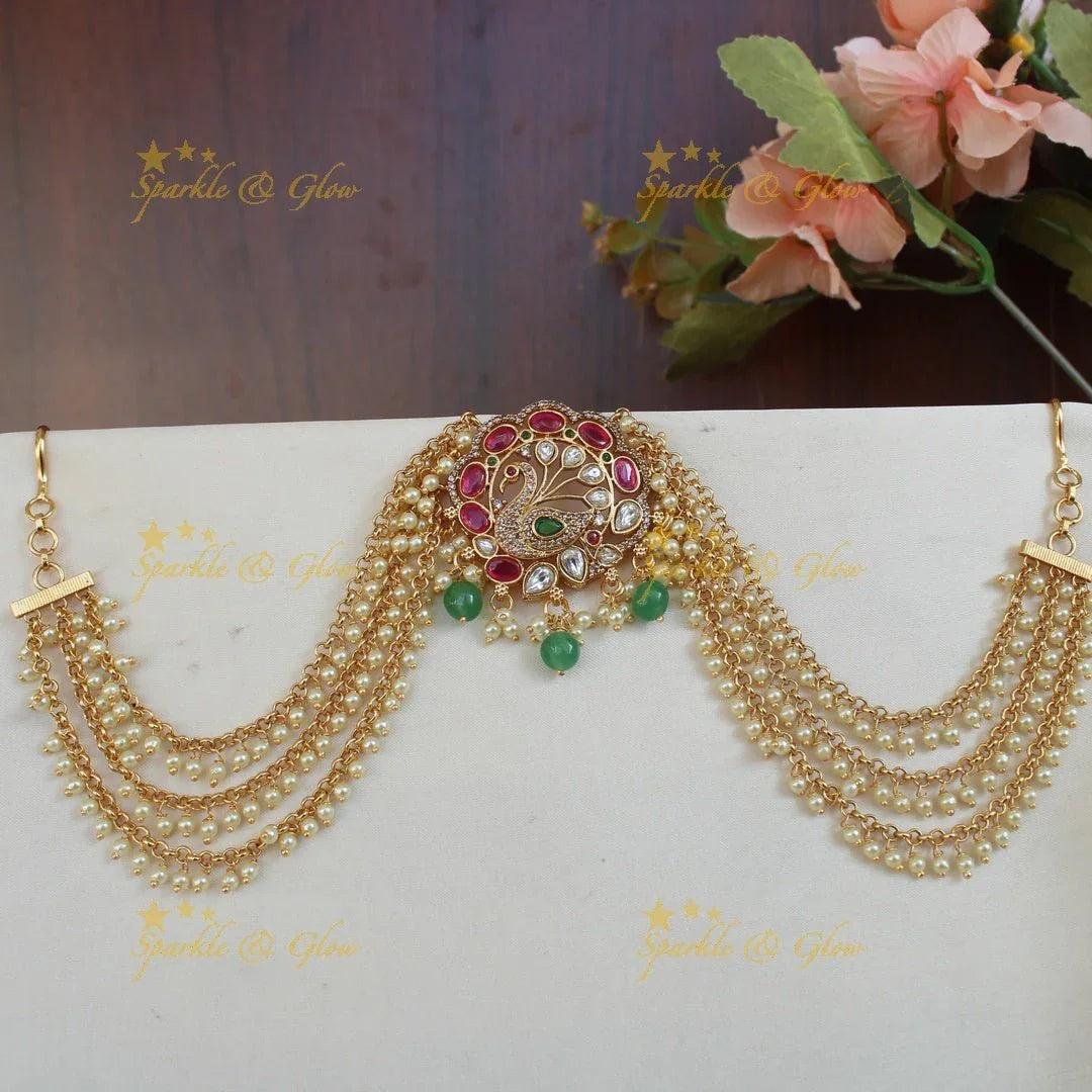 Beautiful peacock design pink and white stones Jada billa with gold beads maatil - Sparkle and Glow