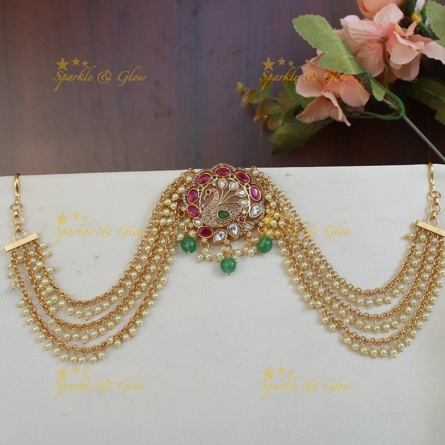 Beautiful peacock design pink and white stones Jada billa with gold beads maatil - Sparkle and Glow