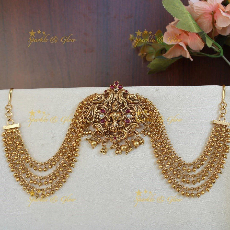 Stunning peacock and Lakshmi design Jada billa with gold beads Maatil - Sparkle and Glow