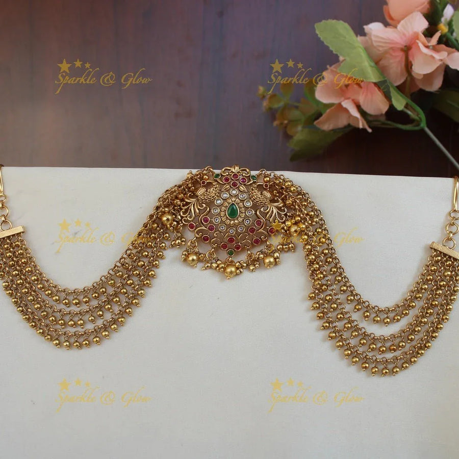 Pretty Peacock and floral design multi colour jada billa with Gold beads maatil-Gold - Sparkle and Glow
