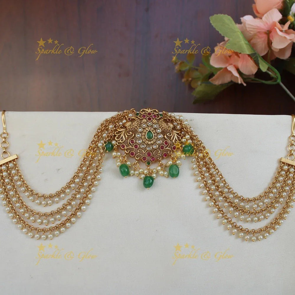 Pretty Peacock and floral design multi colour jada billa with Gold beads maatil-Gold - Sparkle and Glow