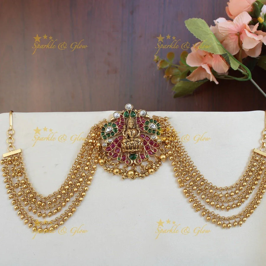 Elegant lakshmi and peacock design and multi colour kemp stones jada billa with Gold beads maatil - Sparkle and Glow