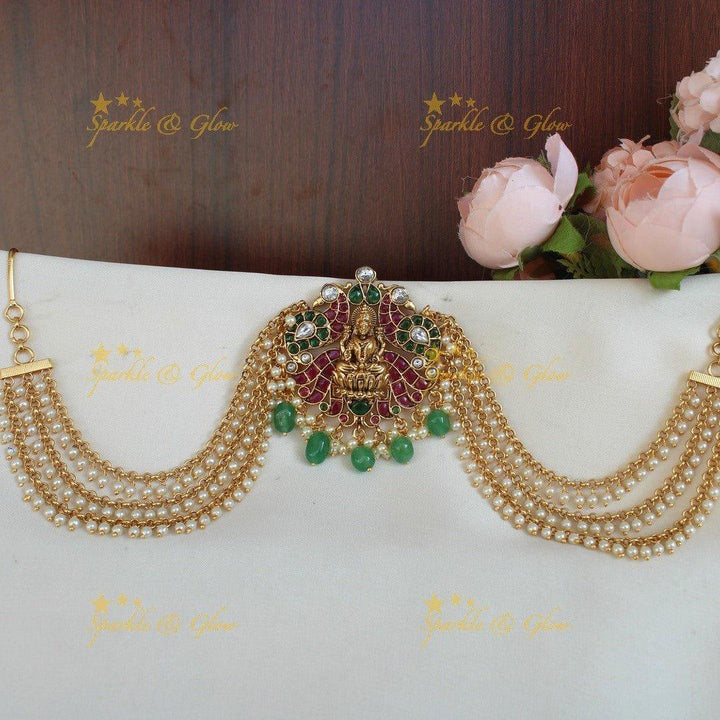 Elegant lakshmi and peacock design and multi colour kemp stones jada billa with Gold beads maatil - Sparkle and Glow
