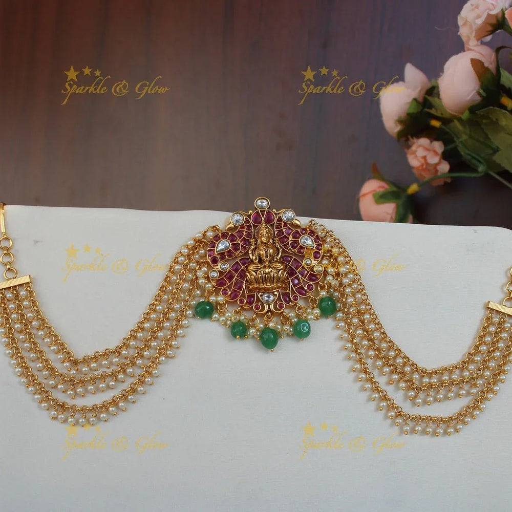 Elegant lakshmi and peacock design and multi colour kemp stones jada billa with Gold beads maatil - Sparkle and Glow