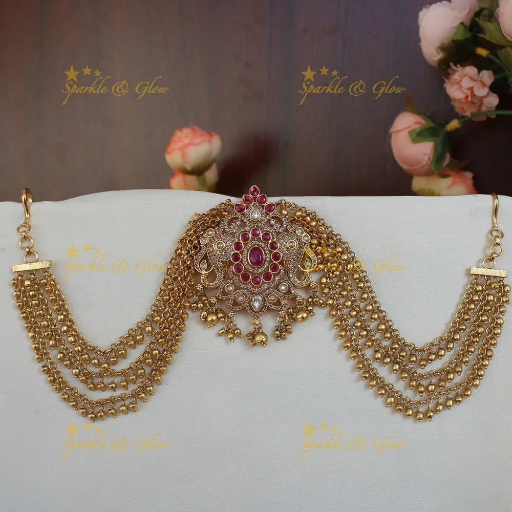 Beautiful elephant design Pink stone jada billa with gold maatil - Sparkle and Glow