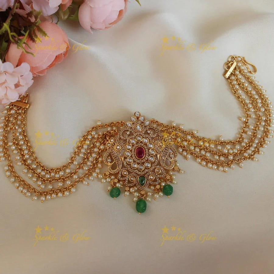 Beautiful elephant design Pink stone jada billa with gold maatil - Sparkle and Glow