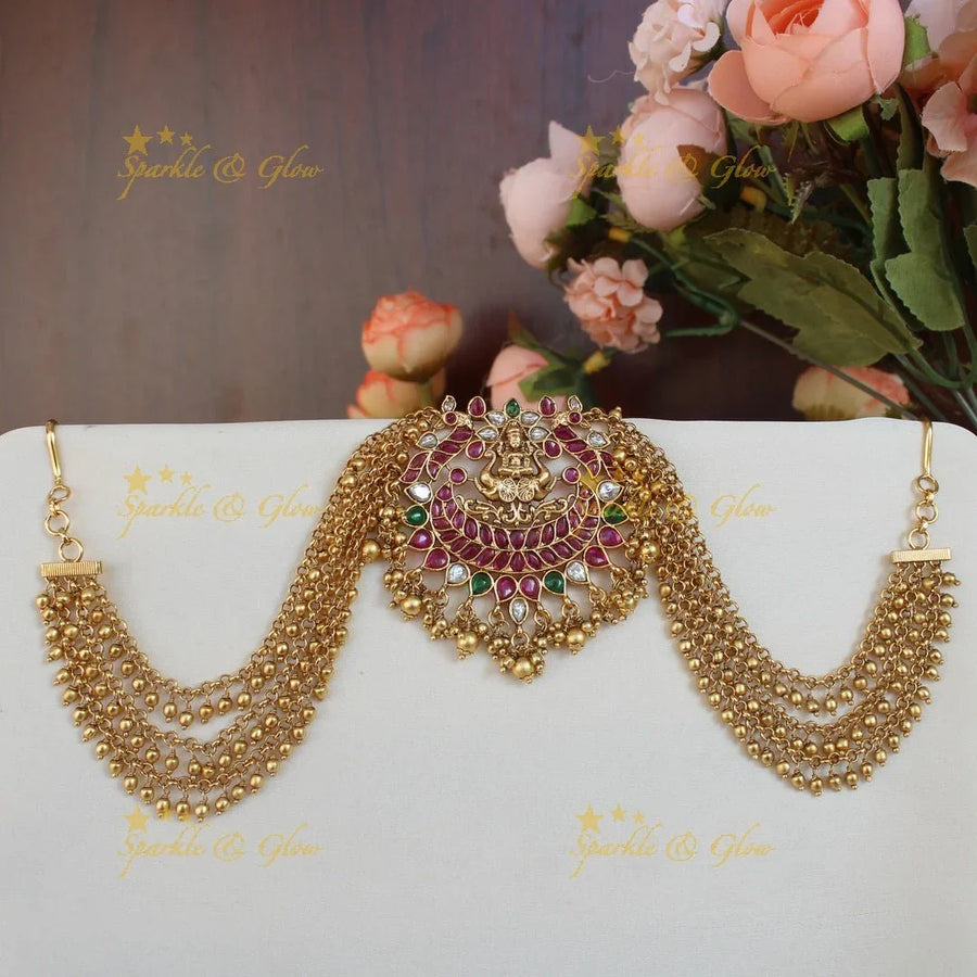 Gorgeous Lakshmi and peacock design multi colour stone jada billa with gold maatil - Sparkle and Glow