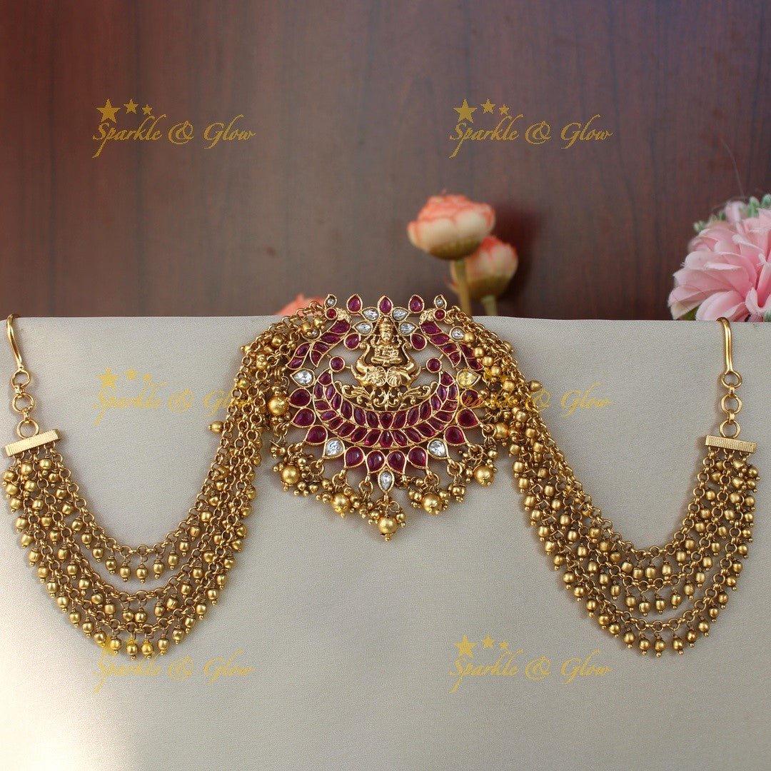 Gorgeous Lakshmi and peacock design multi colour stone jada billa with gold maatil - Sparkle and Glow