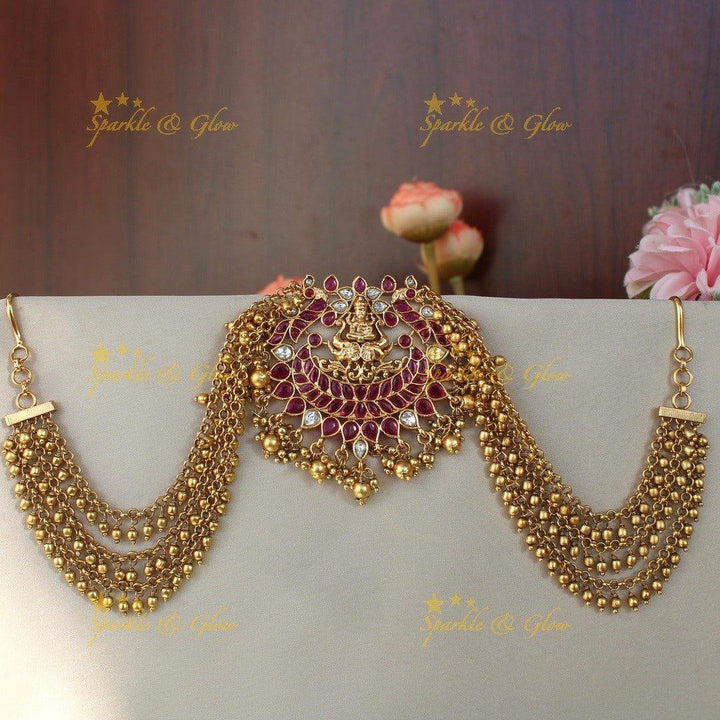 Gorgeous Lakshmi and peacock design multi colour stone jada billa with gold maatil - Sparkle and Glow