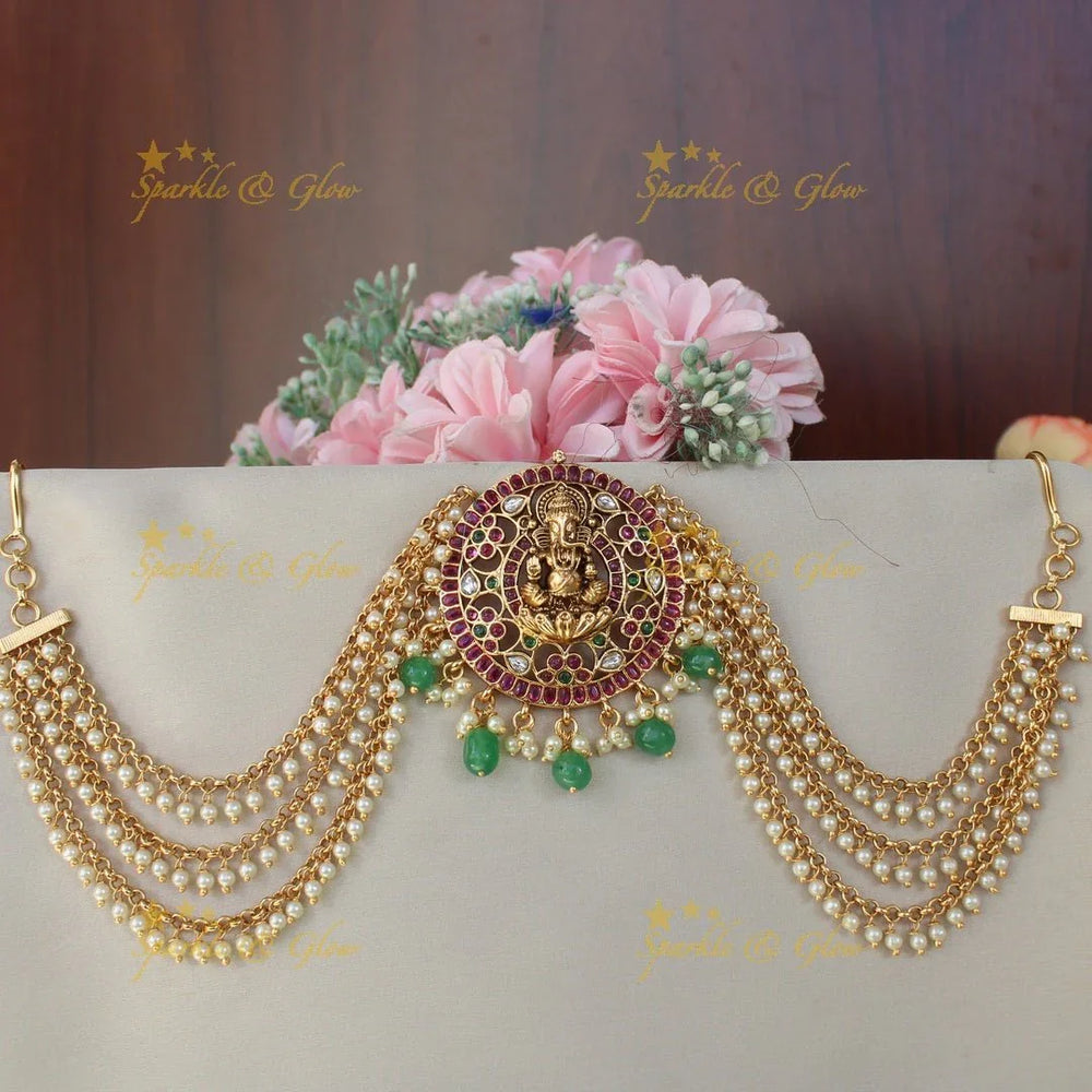 Beautiful Ganesha and floral design multi colour jada billa with pearl maatil - Sparkle and Glow