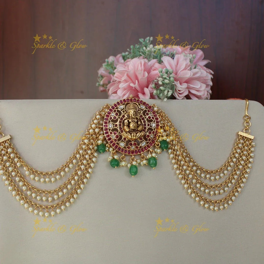 Beautiful Ganesha and floral design multi colour jada billa with pearl maatil - Sparkle and Glow