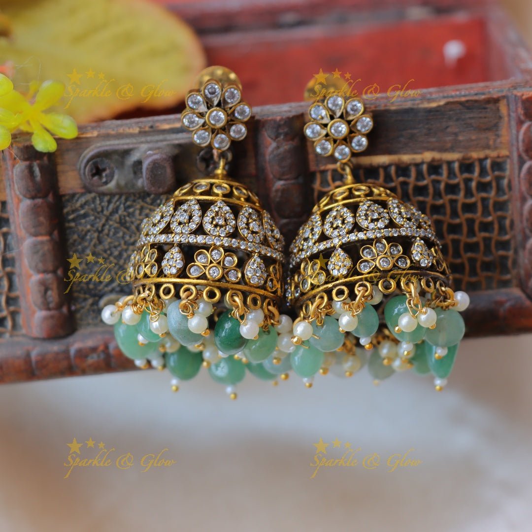 Stunning victorian Stones and mint green beads jhumukas - Sparkle and Glow - 