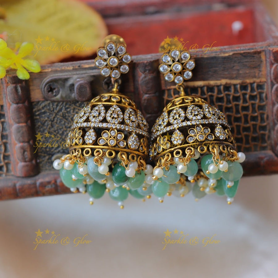 Stunning victorian Stones and mint green beads jhumukas - Sparkle and Glow - 