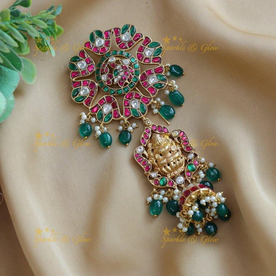 Real Jadau Kundan Lakshmi Peacock carved Hairpin with green beads - Sparkle and Glow
