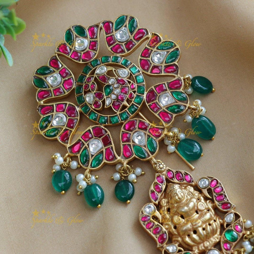Real Jadau Kundan Lakshmi Peacock carved Hairpin with green beads - Sparkle and Glow