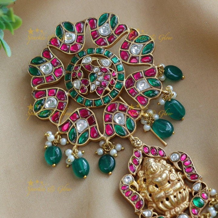Real Jadau Kundan Lakshmi Peacock carved Hairpin with green beads - Sparkle and Glow