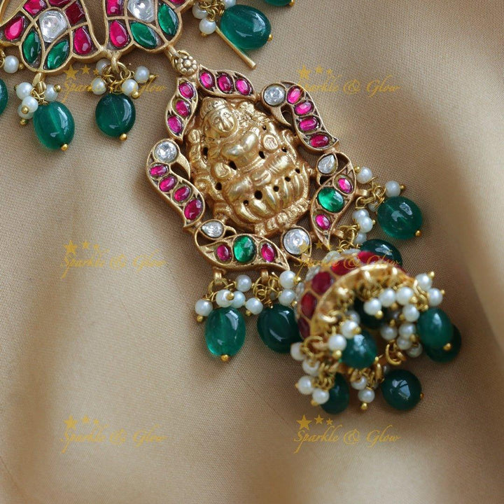 Real Jadau Kundan Lakshmi Peacock carved Hairpin with green beads - Sparkle and Glow