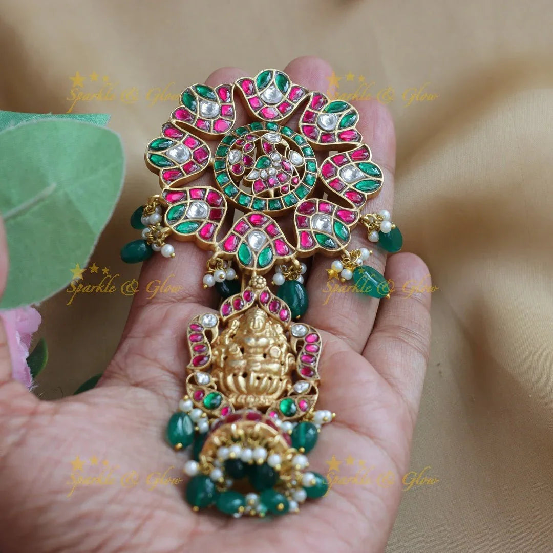 Real Jadau Kundan Lakshmi Peacock carved Hairpin with green beads - Sparkle and Glow