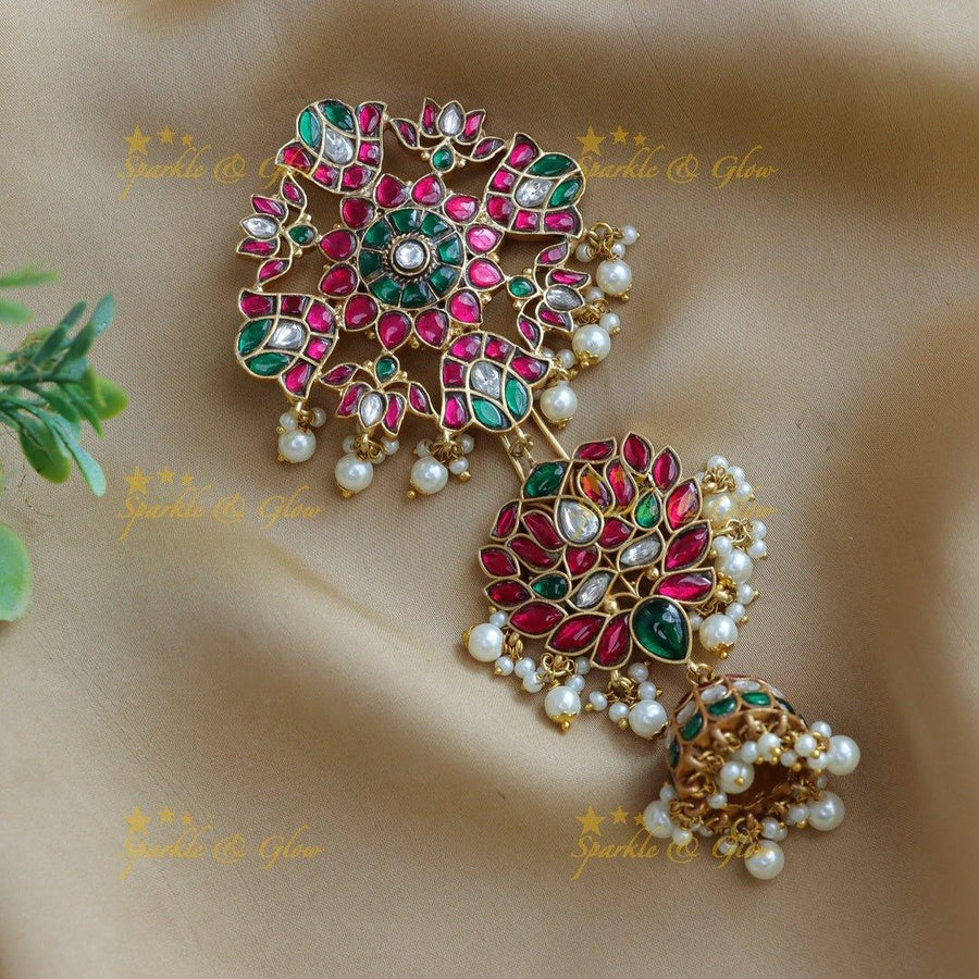 Stunning Lotus Floral carved Jadau Kundan Hairpin with pearls - Sparkle and Glow