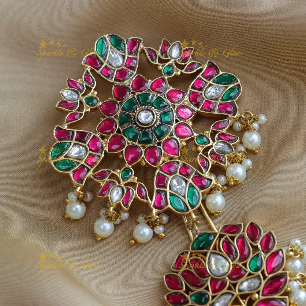 Stunning Lotus Floral carved Jadau Kundan Hairpin with pearls - Sparkle and Glow