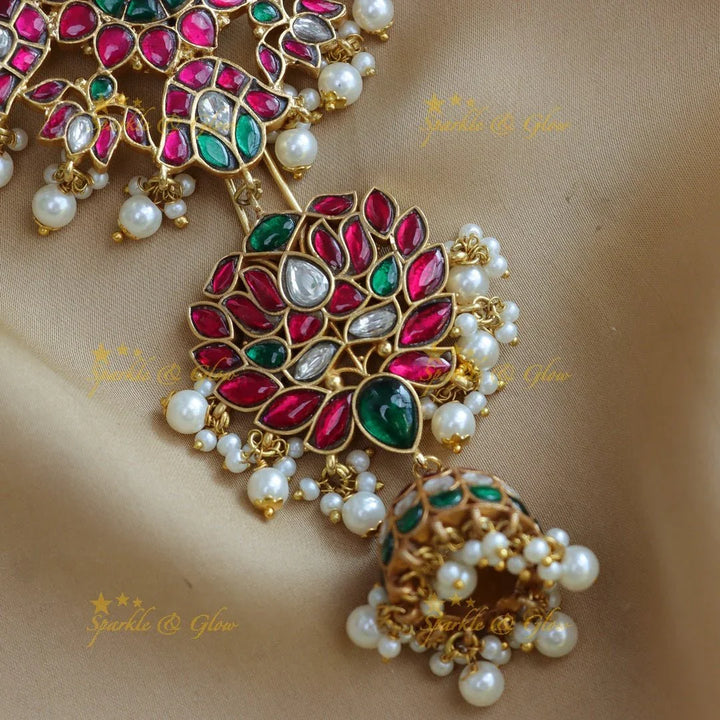 Stunning Lotus Floral carved Jadau Kundan Hairpin with pearls - Sparkle and Glow