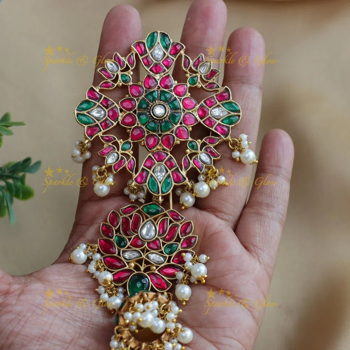 Stunning Lotus Floral carved Jadau Kundan Hairpin with pearls - Sparkle and Glow