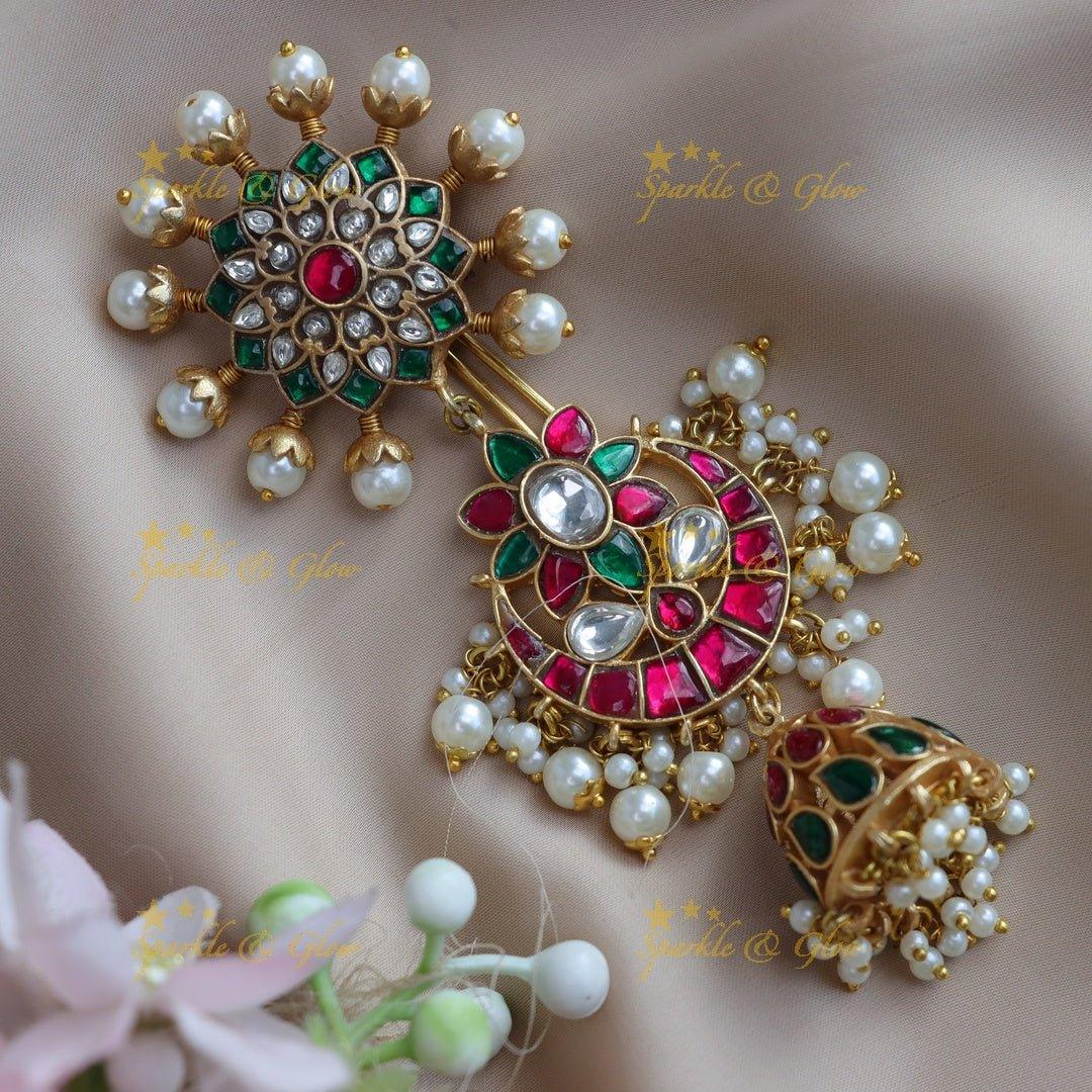 Gracious Half Moon Floral carved Jadau Kundan Hairpin with pearls - Sparkle and Glow