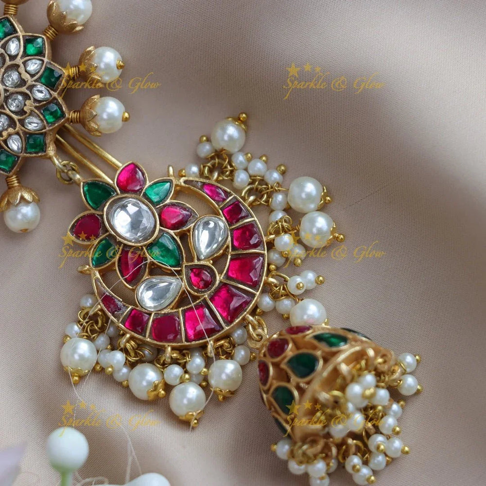 Gracious Half Moon Floral carved Jadau Kundan Hairpin with pearls - Sparkle and Glow