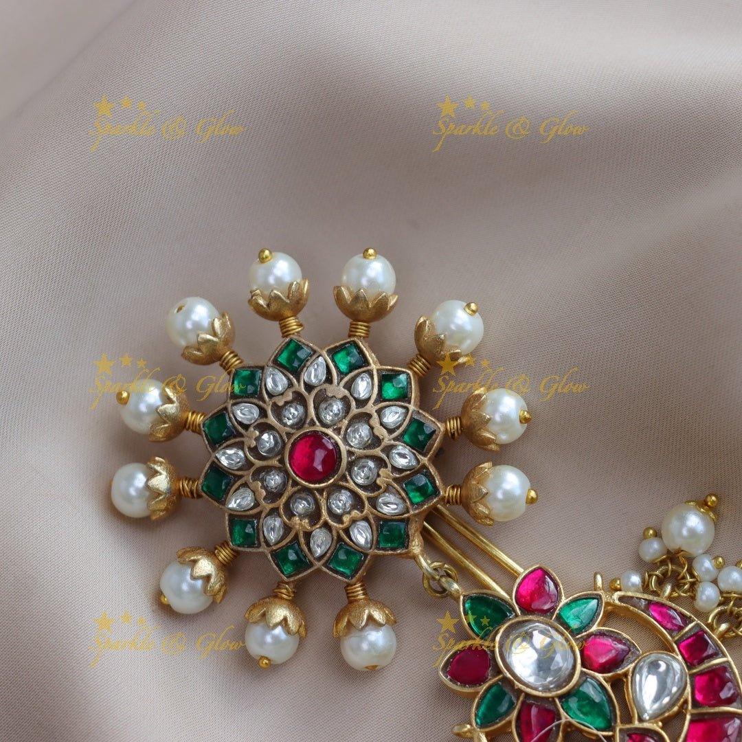 Gracious Half Moon Floral carved Jadau Kundan Hairpin with pearls - Sparkle and Glow