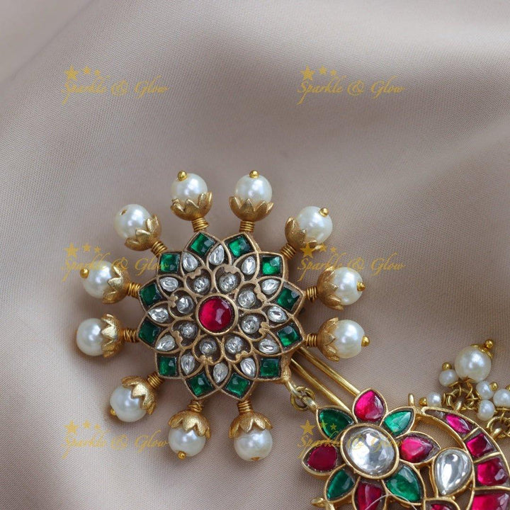 Gracious Half Moon Floral carved Jadau Kundan Hairpin with pearls - Sparkle and Glow