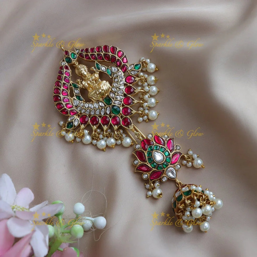 Grand Idol Lakshmi Lotus Leaf carved Jadau Kundan Hairpin - Sparkle and Glow