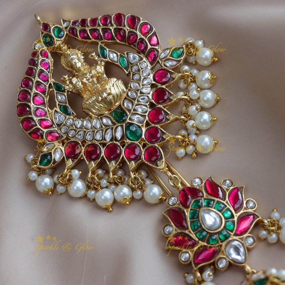 Grand Idol Lakshmi Lotus Leaf carved Jadau Kundan Hairpin - Sparkle and Glow