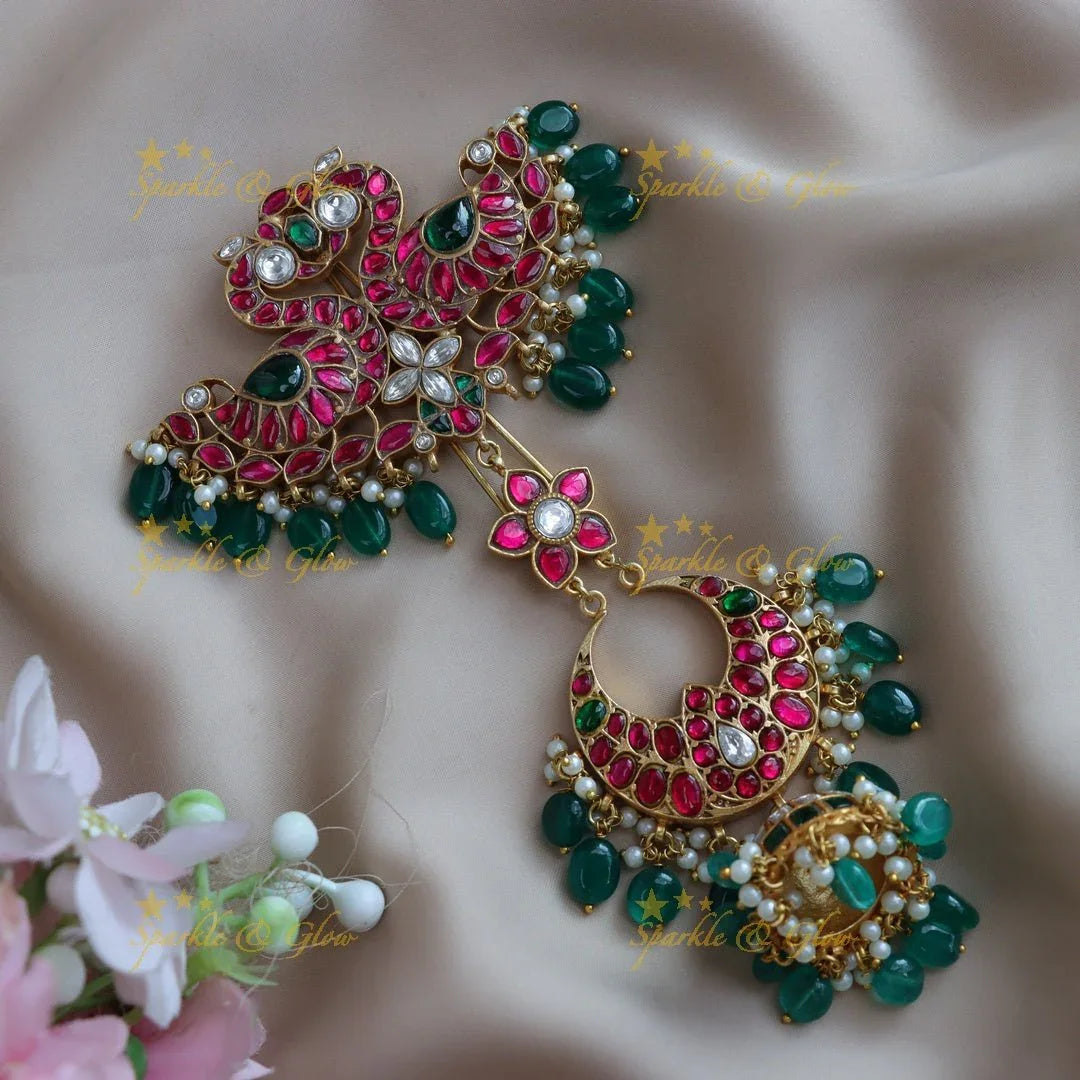 Stunning Dual tone Peacock Floral carved Jadau Kundan hairpin - Sparkle and Glow