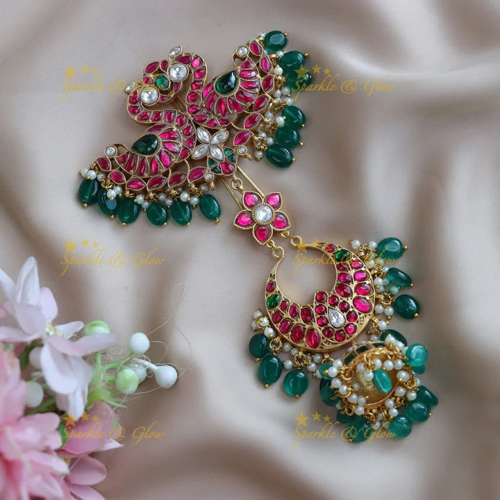 Stunning Dual tone Peacock Floral carved Jadau Kundan hairpin - Sparkle and Glow