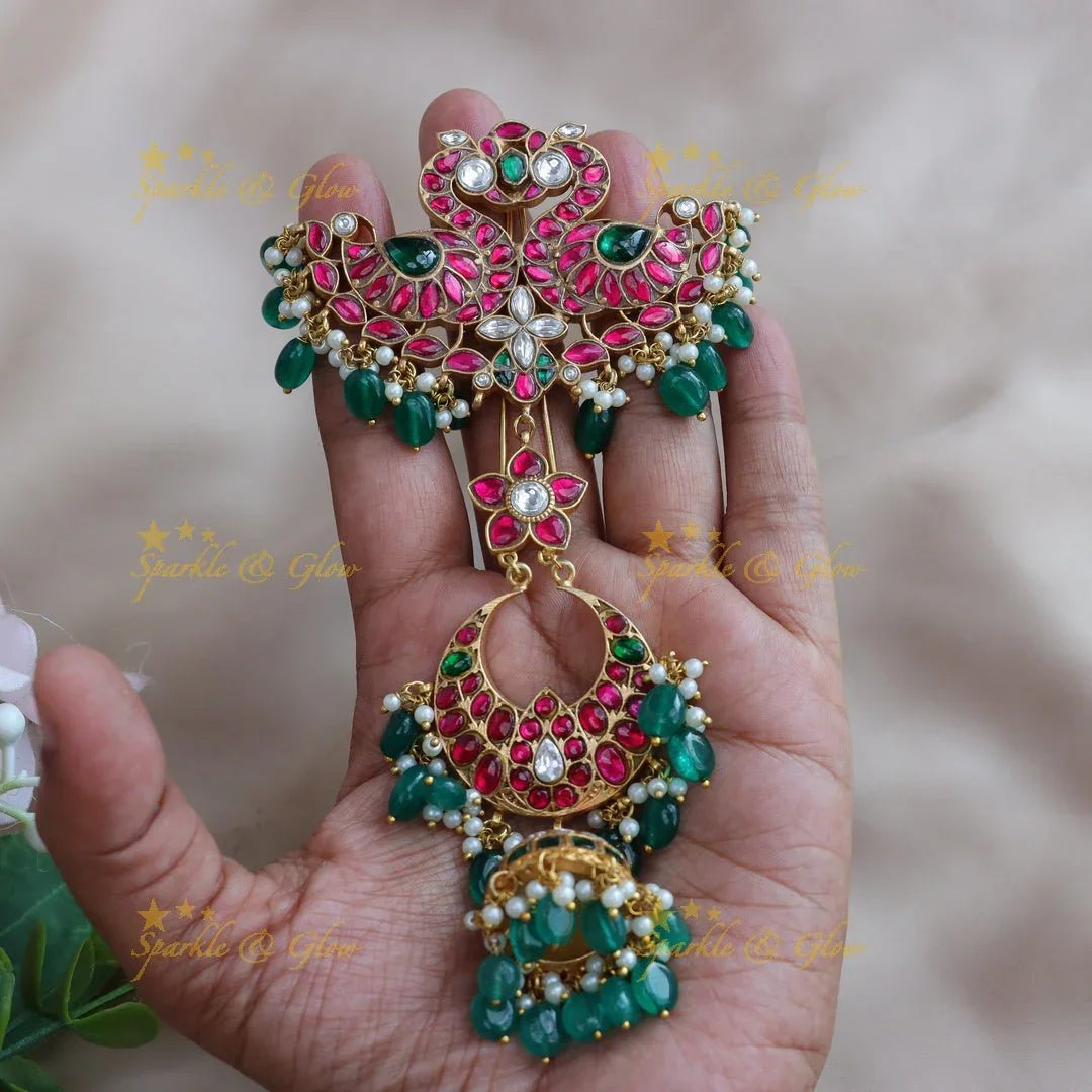 Stunning Dual tone Peacock Floral carved Jadau Kundan hairpin - Sparkle and Glow