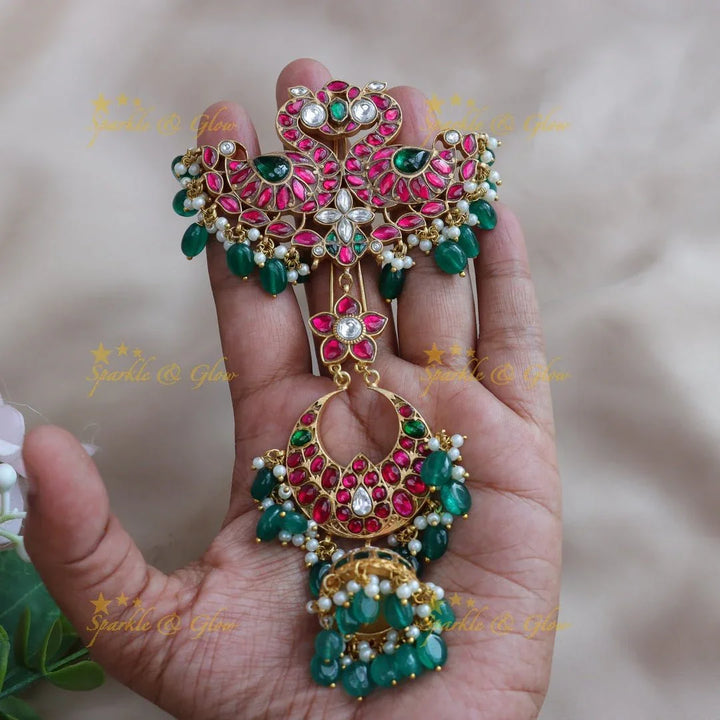 Stunning Dual tone Peacock Floral carved Jadau Kundan hairpin - Sparkle and Glow