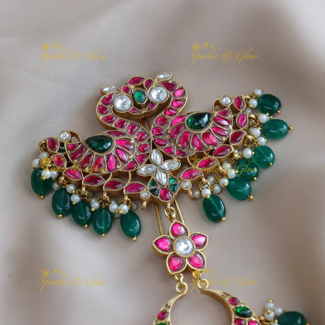 Stunning Dual tone Peacock Floral carved Jadau Kundan hairpin - Sparkle and Glow