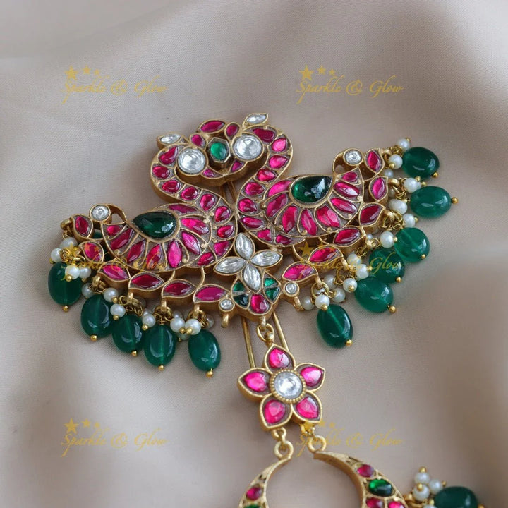 Stunning Dual tone Peacock Floral carved Jadau Kundan hairpin - Sparkle and Glow