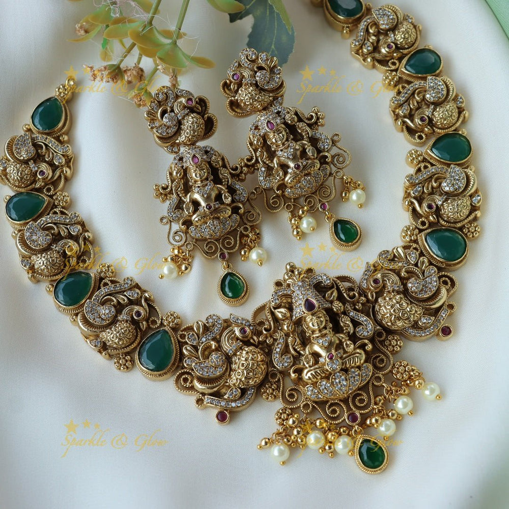 Beautiful lakshmi and dancing peacock short necklace - Sparkle and Glow - Back Thread - 