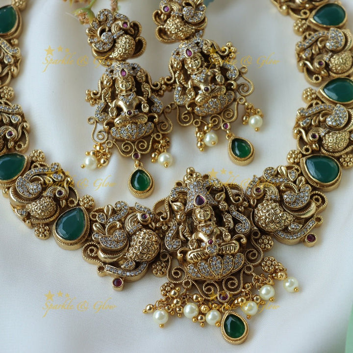 Beautiful lakshmi and dancing peacock short necklace - Sparkle and Glow - Back Thread - 