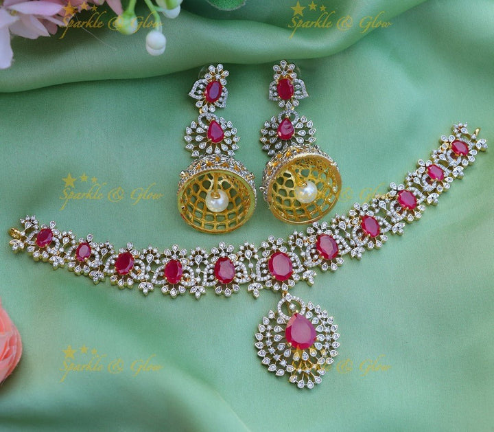 Beautiful Ruby Floral design American diamond short necklace - Ruby - Sparkle and Glow - 
