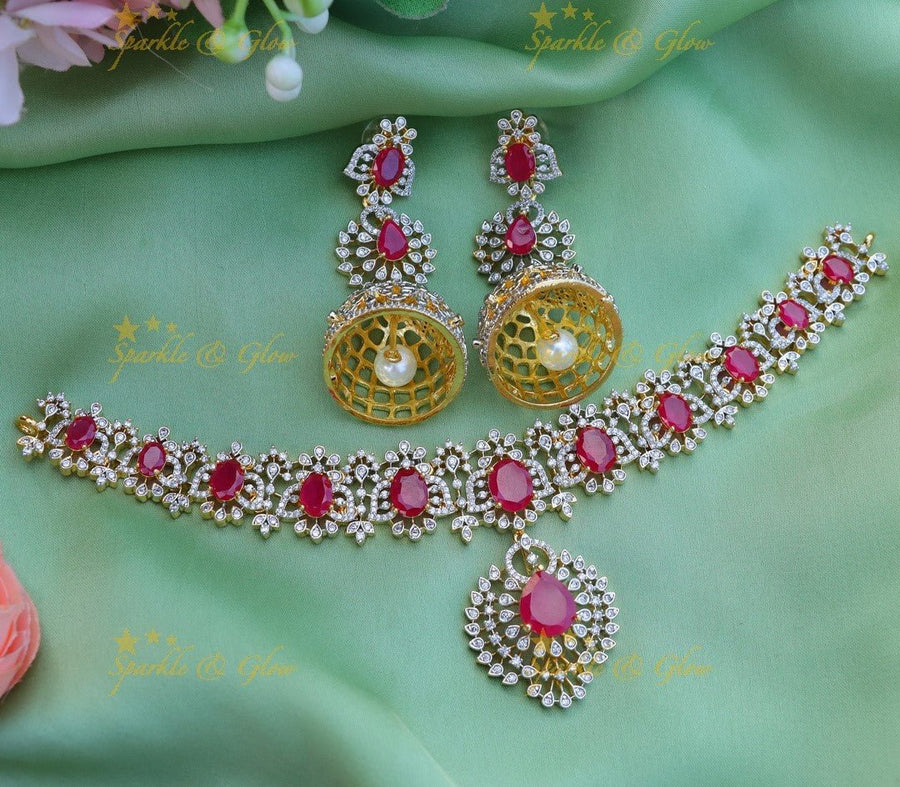 Beautiful Ruby Floral design American diamond short necklace - Ruby - Sparkle and Glow - 