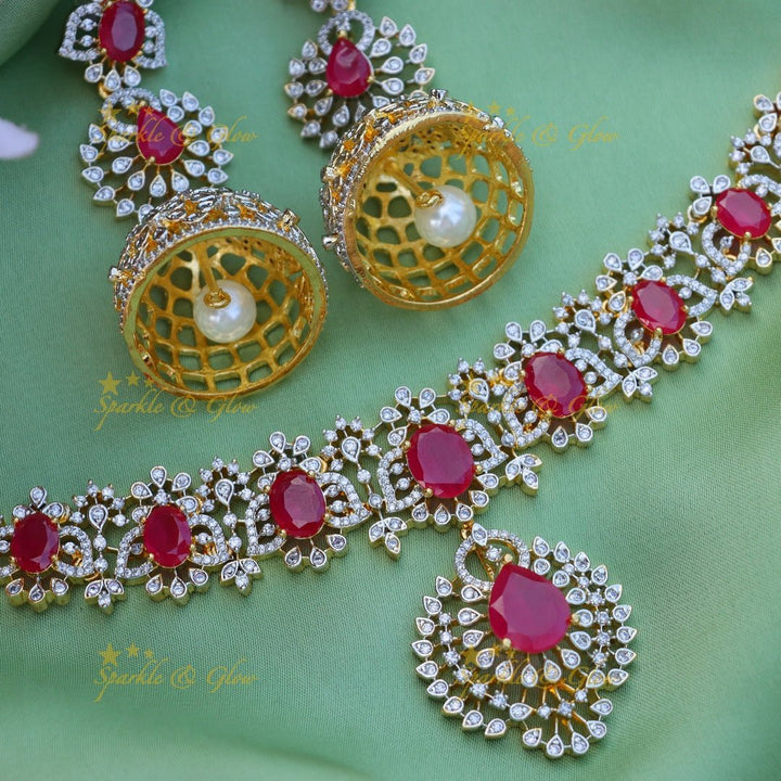 Beautiful Ruby Floral design American diamond short necklace - Ruby - Sparkle and Glow - 