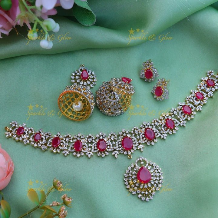 Beautiful Ruby Floral design American diamond short necklace - Ruby - Sparkle and Glow - 