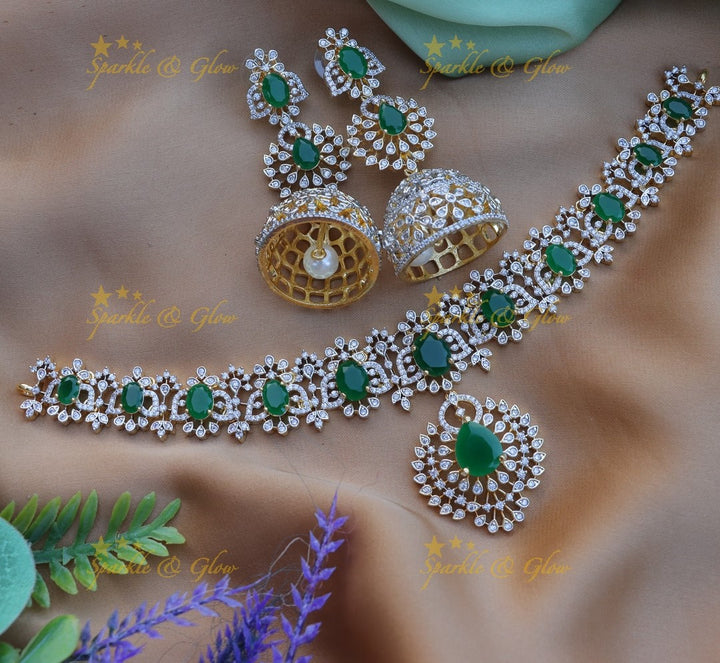 Beautiful Ruby Floral design American diamond short necklace-Green