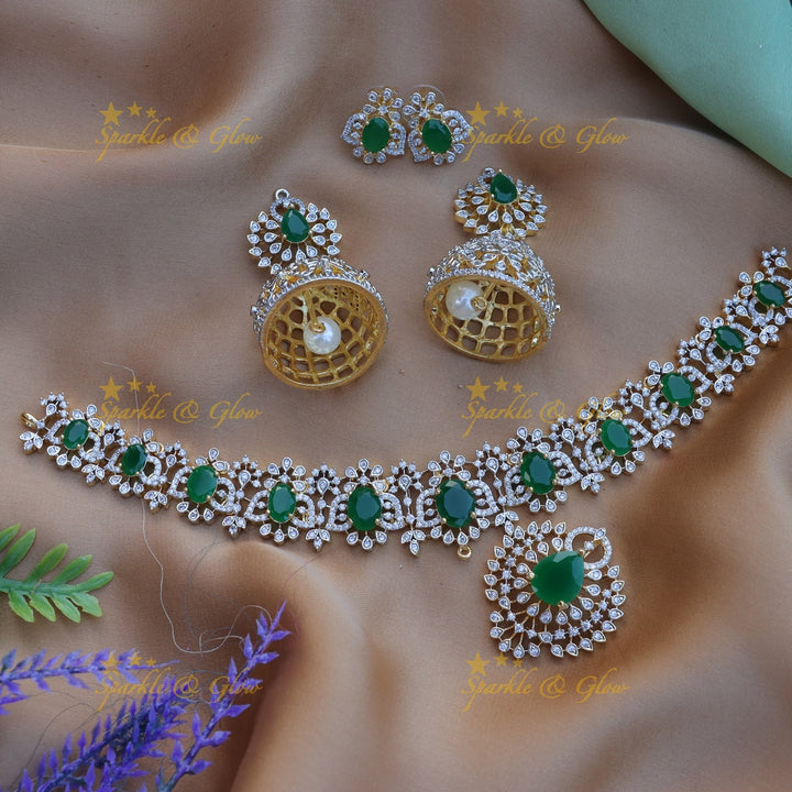 Beautiful Ruby Floral design American diamond short necklace-Green