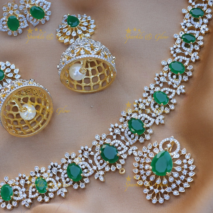 Beautiful Ruby Floral design American diamond short necklace-Green