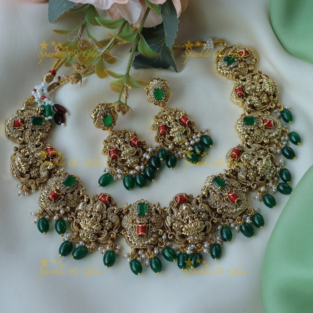 Beautiful lakshmi design necklace with pearl and bottle green beads - Sparkle and Glow - Back Thread - 