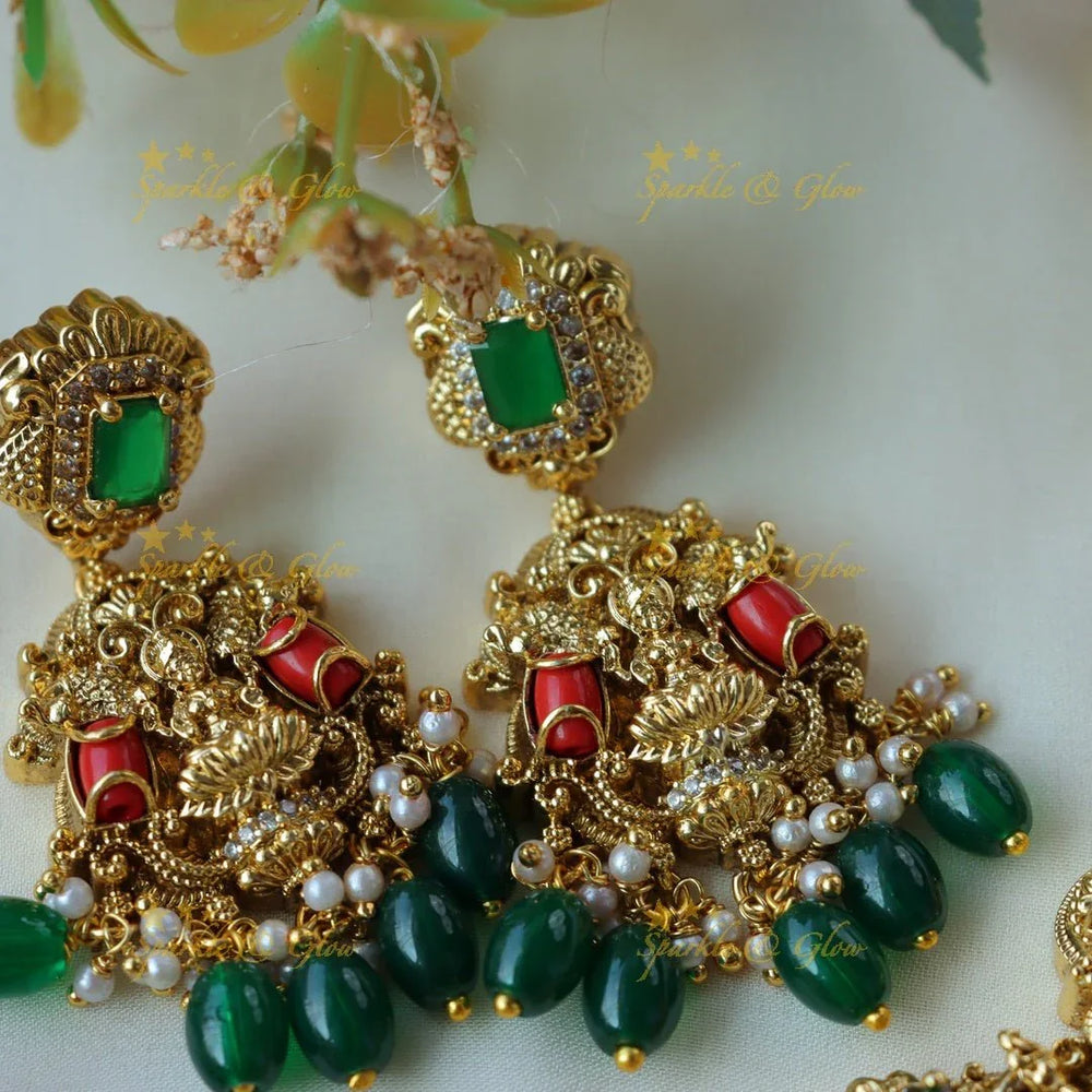 Beautiful lakshmi design necklace with pearl and bottle green beads - Sparkle and Glow