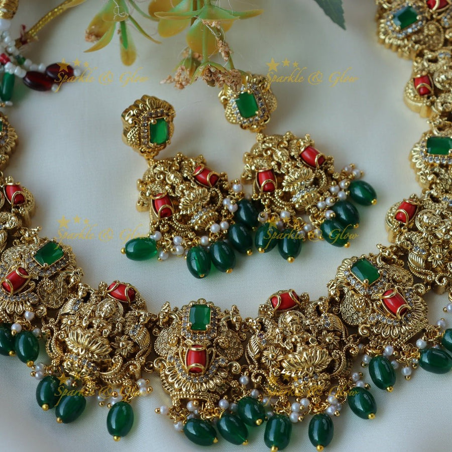 Beautiful lakshmi design necklace with pearl and bottle green beads - Sparkle and Glow - Back Thread - 